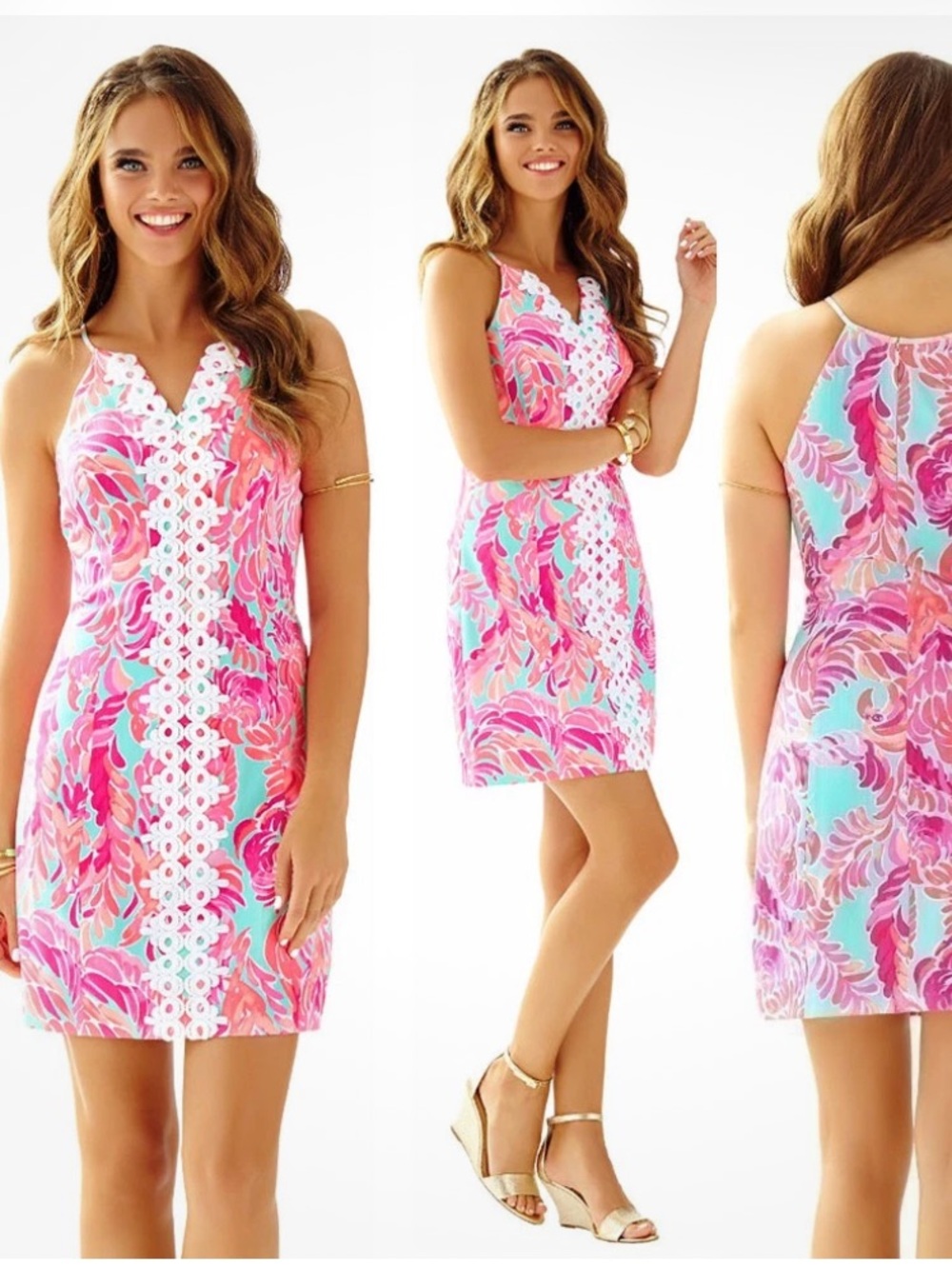 Lilly Pulitzer Pearl Poolside Shift Lace Detail Dress in Love Birds Print Size 2